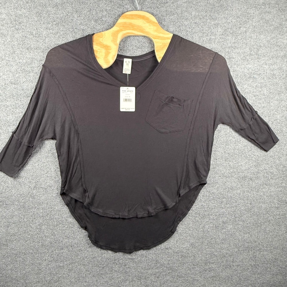 Oversized Free People XS Black Ribbed V-Neck High-Low Top Bohemian Grunge Goth